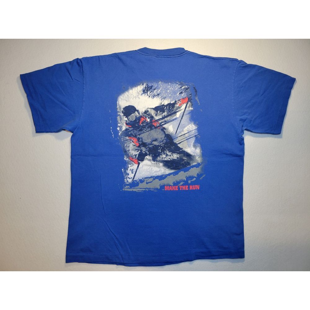 VINTAGE Marlboro Make The Run Skiing Graphic Pocket T-shirt Men XL Blue Ski 90s‎